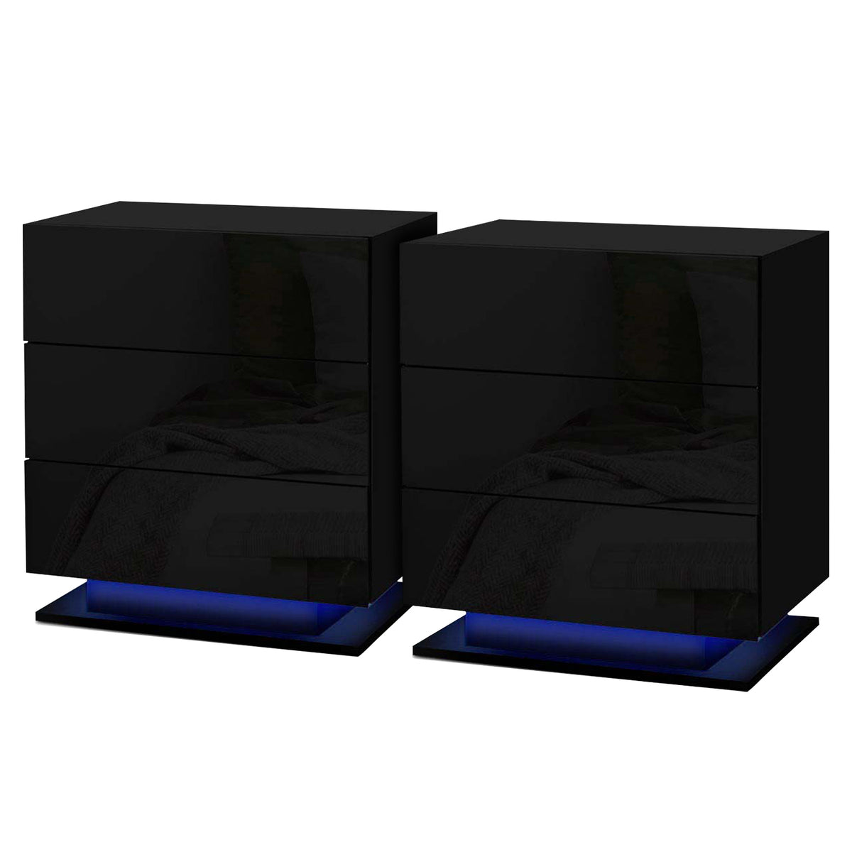 Mori 2 Pack LED Bedside Table 3 Drawers Black