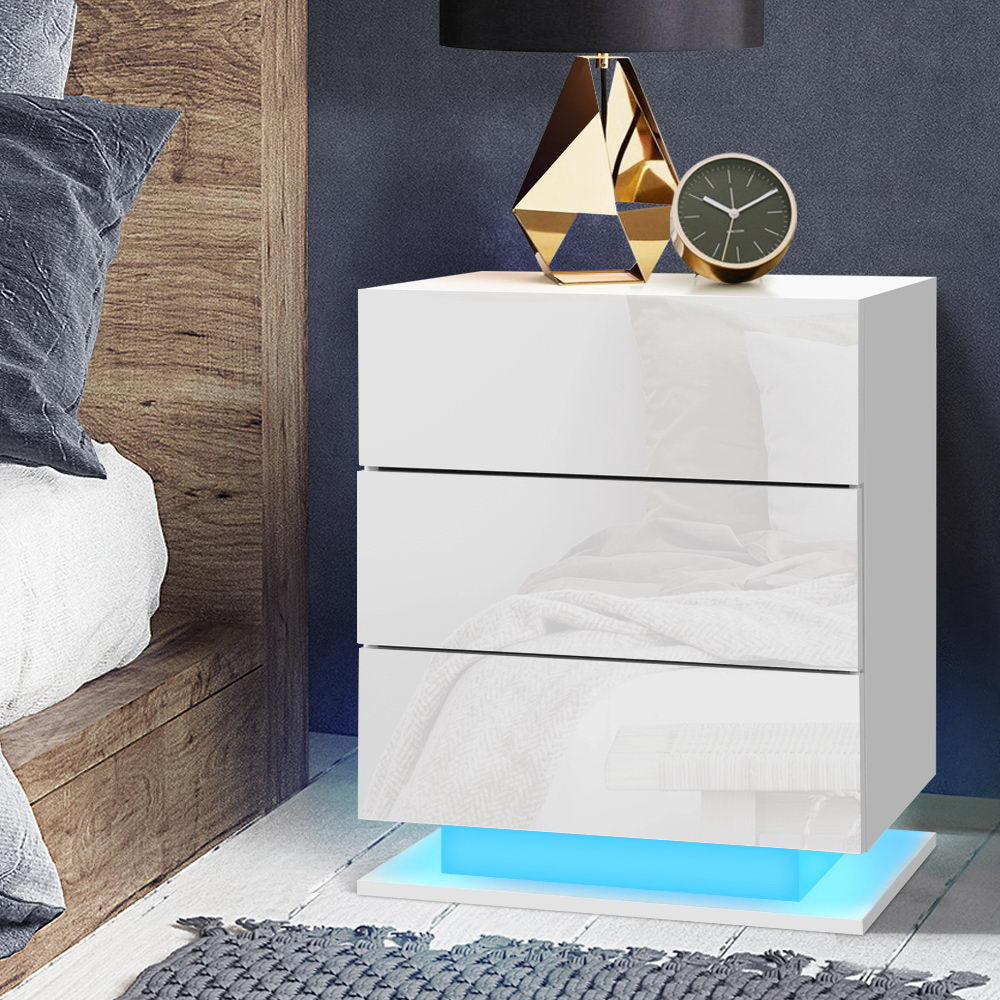 MORI White Bedside Table LED 3 Drawers
