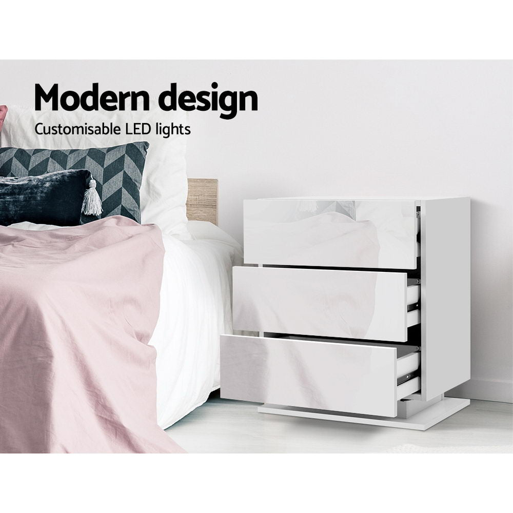MORI White Bedside Table LED 3 Drawers
