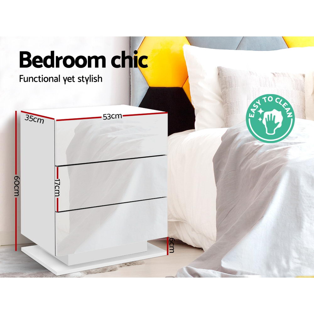 MORI White Bedside Table LED 3 Drawers