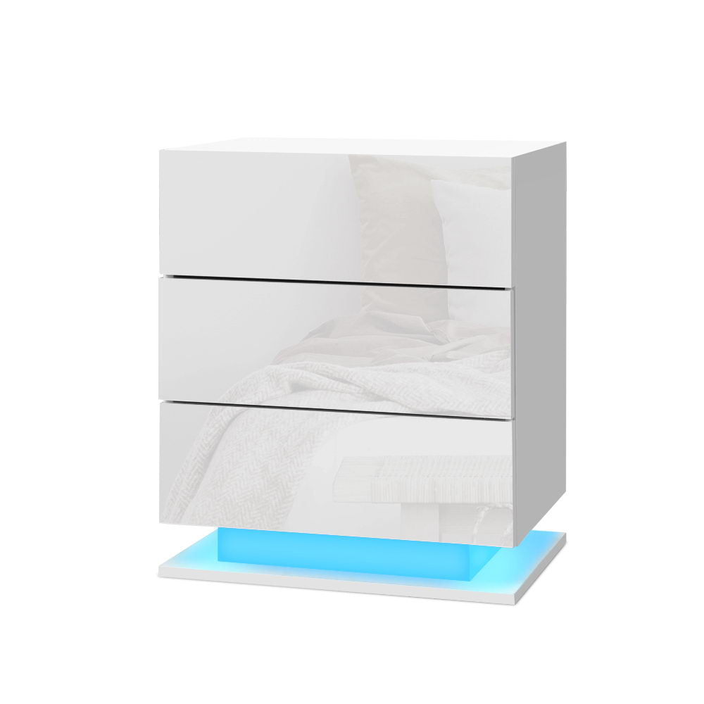 Mori Bedside Table with LED Light, 3 Drawers, White