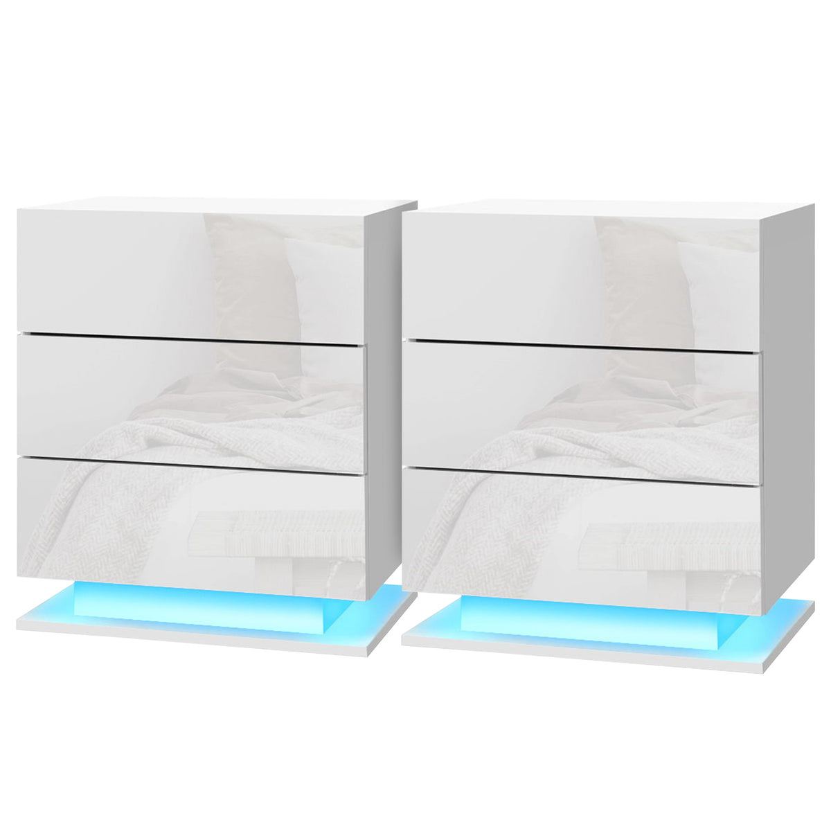 Mori LED Bedside Table 3 Drawers White, Set of 2