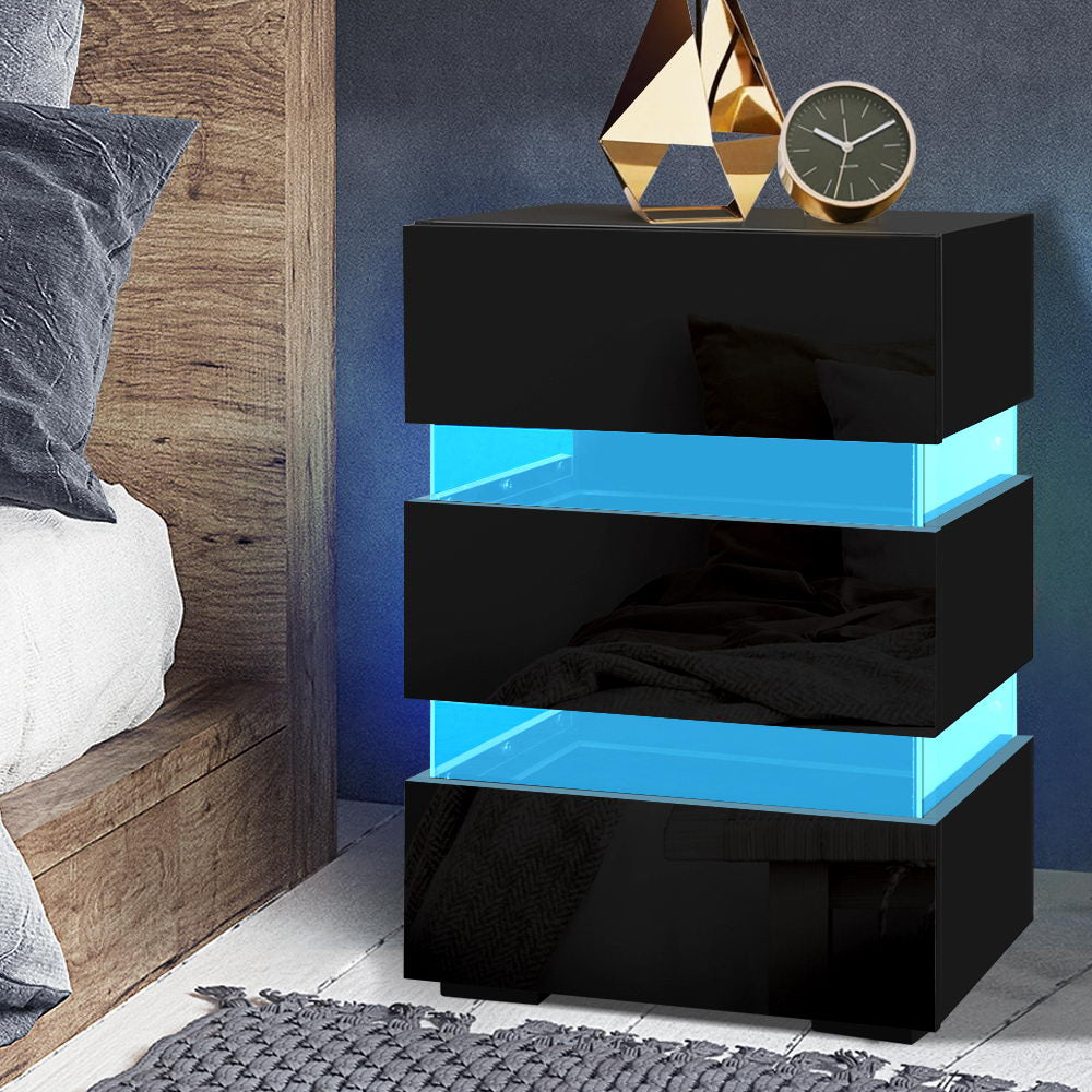 LUMI Black Bedside Table LED 3 Drawers