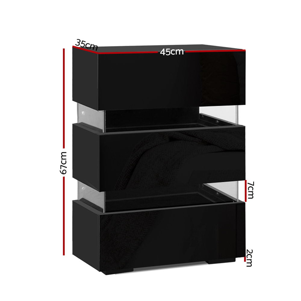 LUMI Black Bedside Table LED 3 Drawers