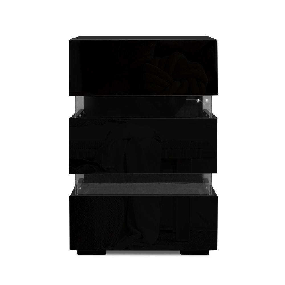 LUMI Black Bedside Table LED 3 Drawers