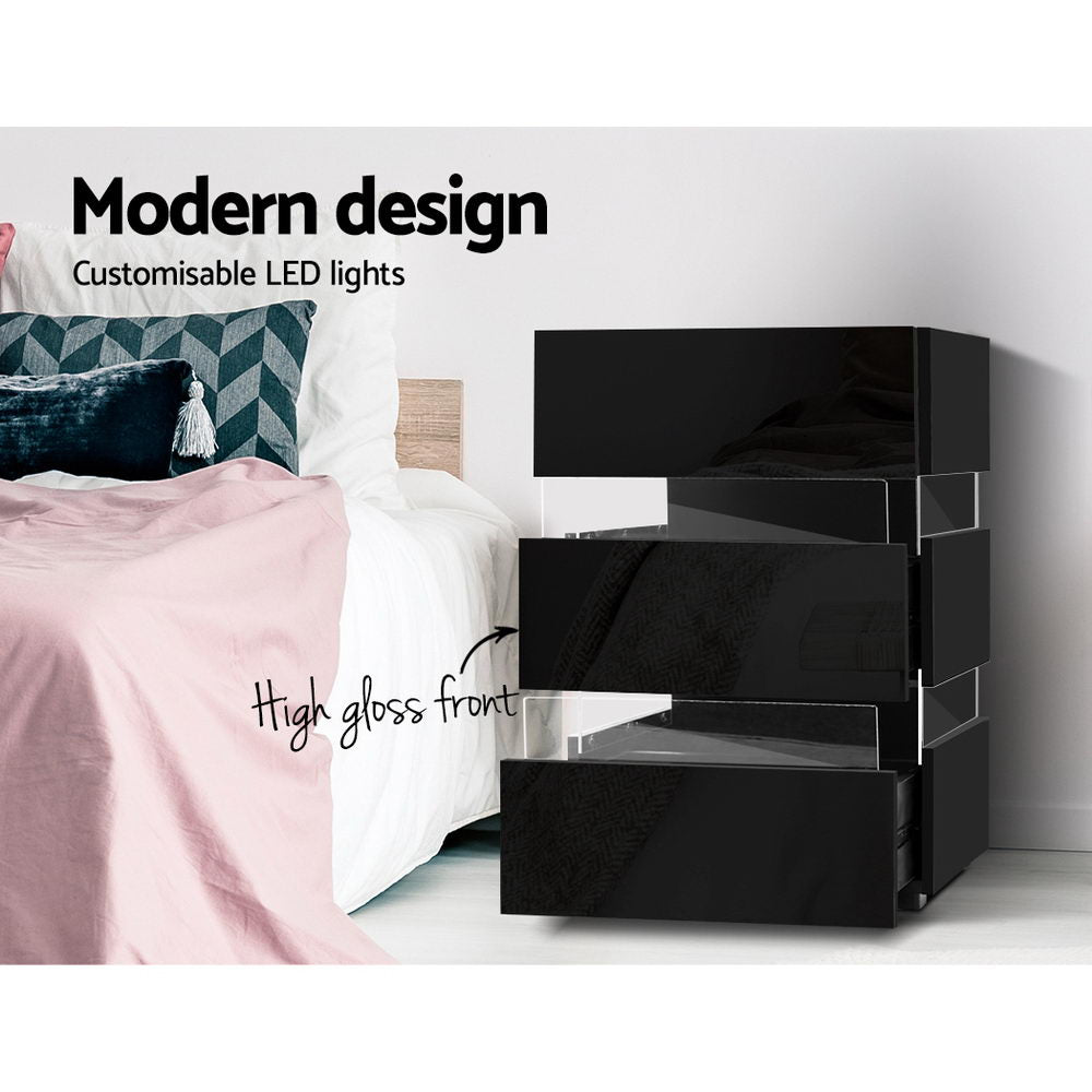 LUMI Black Bedside Table LED 3 Drawers