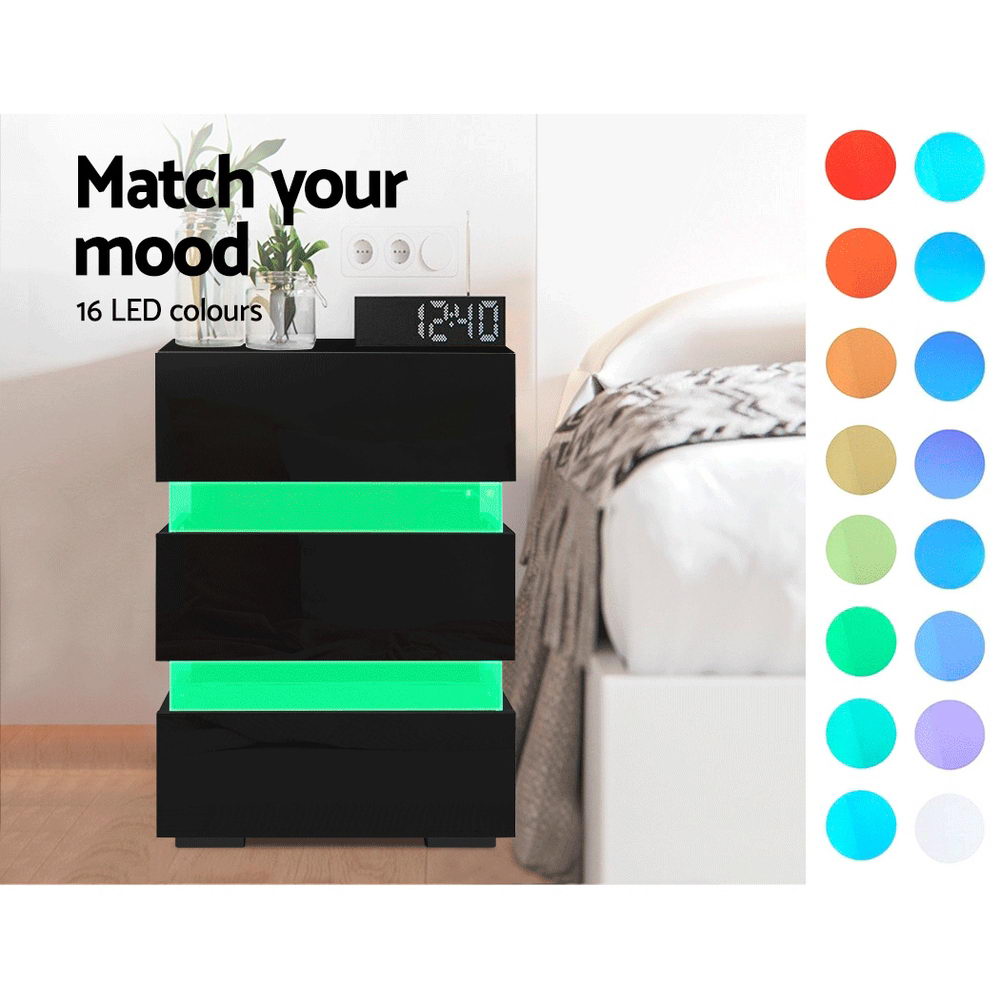 LUMI Black Bedside Table LED 3 Drawers