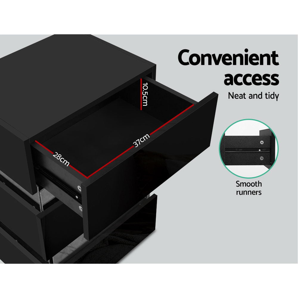 LUMI Black Bedside Table LED 3 Drawers
