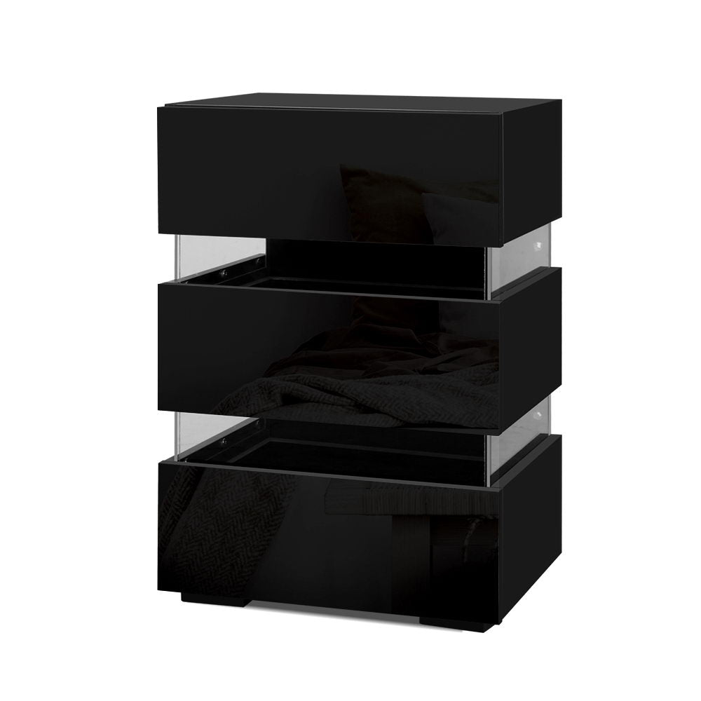 Lumi Bedside Table with LED Lighting and 3 Drawers, Black