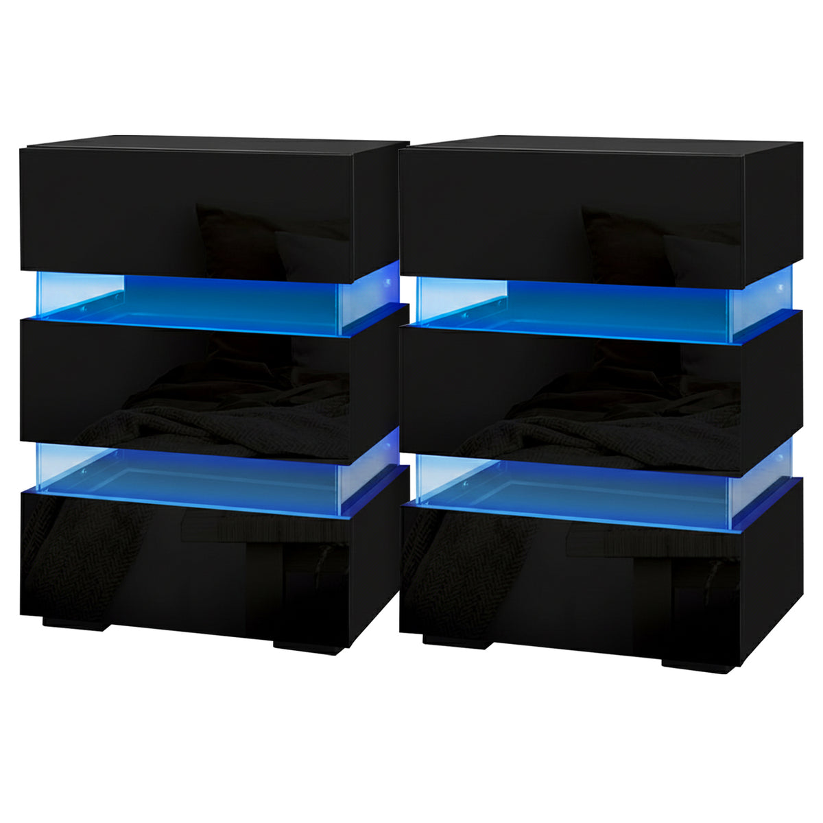 Lumi Bedside Table with LED Lighting, 3 Drawers, Black