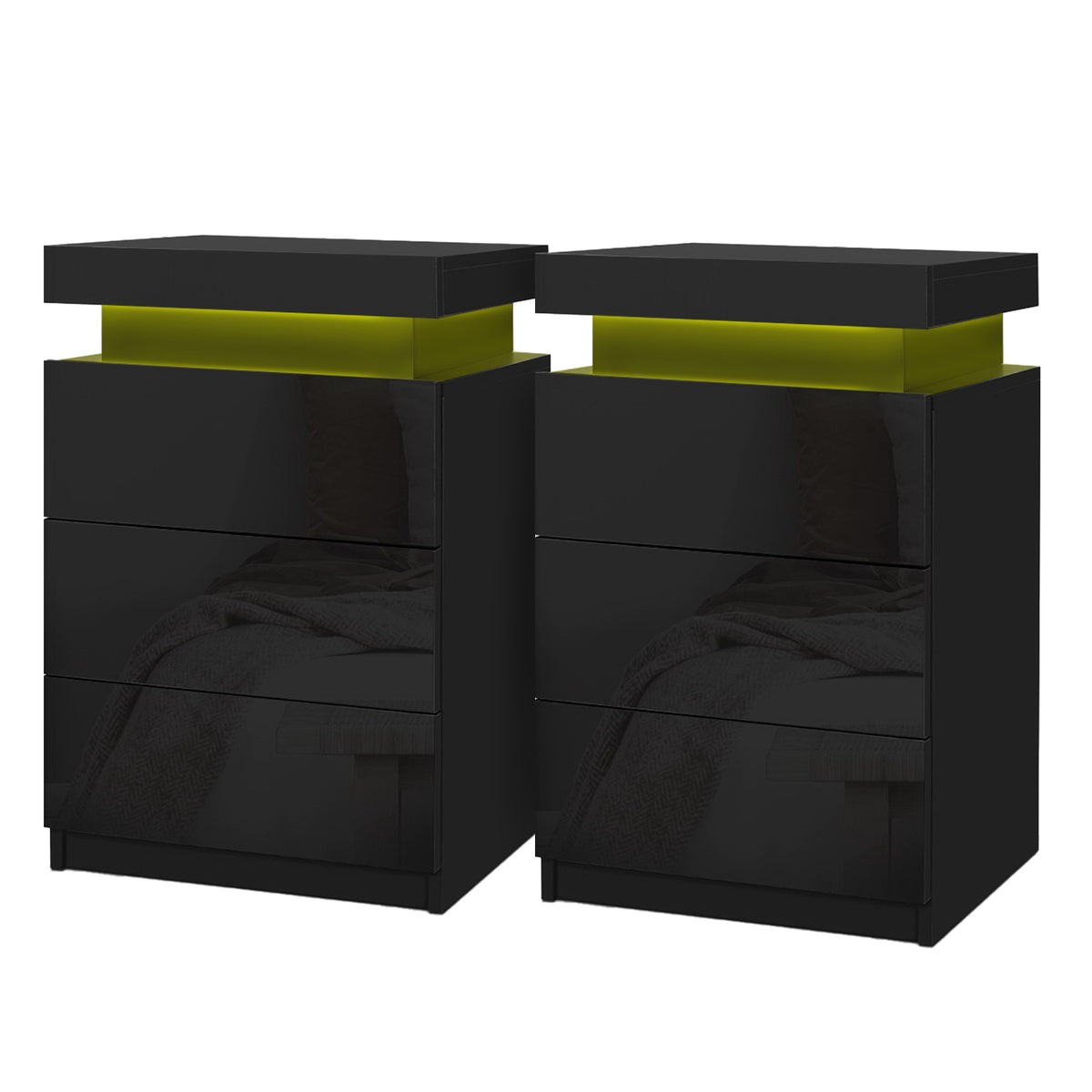 Coley 2X LED Bedside Table with 3 Drawers Black