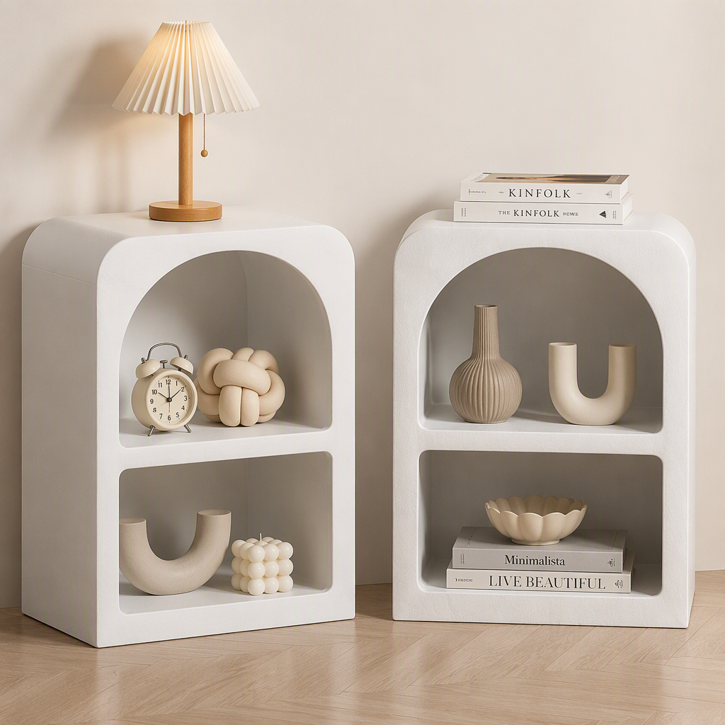 Arched Bedside Table with 2 Shelves Set of 2 White