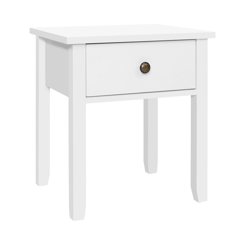 Bow Bedside Table 1 Drawer with Retro Metal Knob White