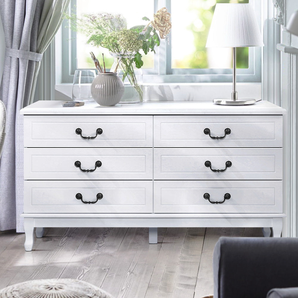 KUBI French Provincial 6 Drawer Lowboy Chest of Drawers White