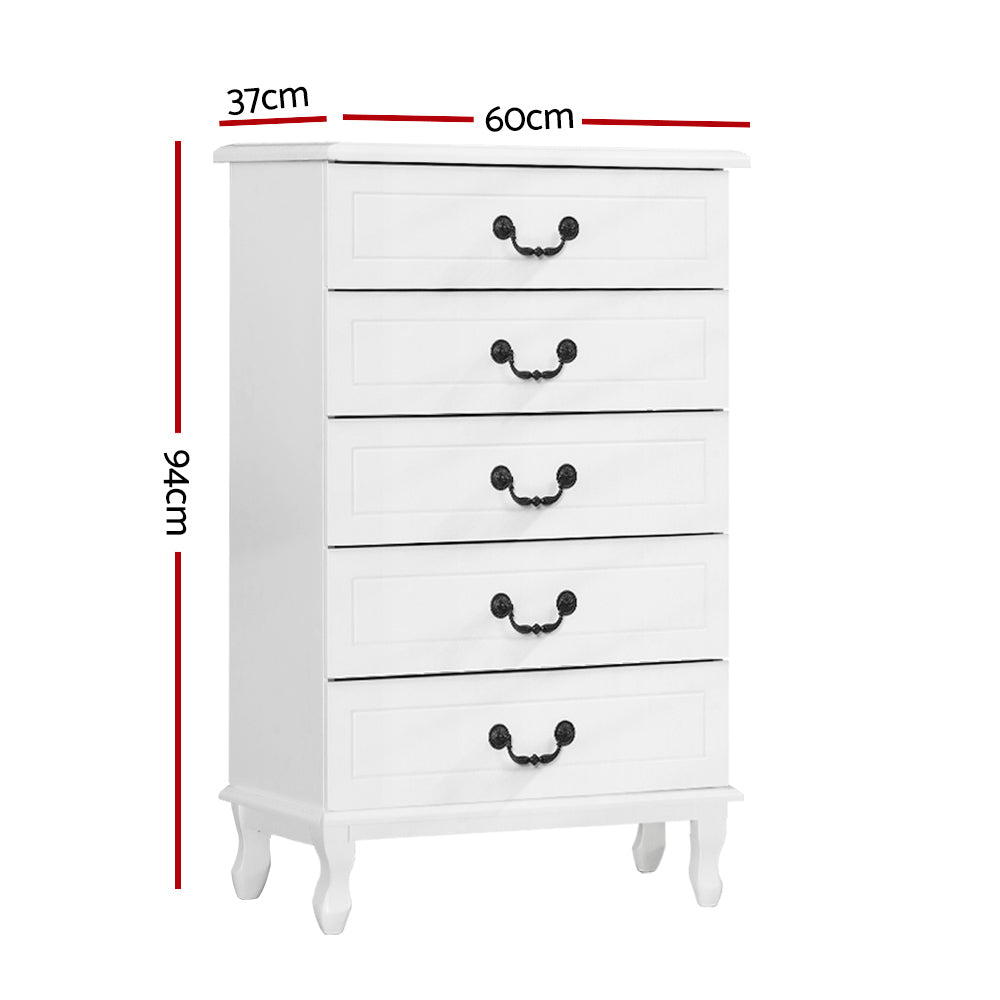 KUBI Tallboy 5-Drawer Chest French Provincial White