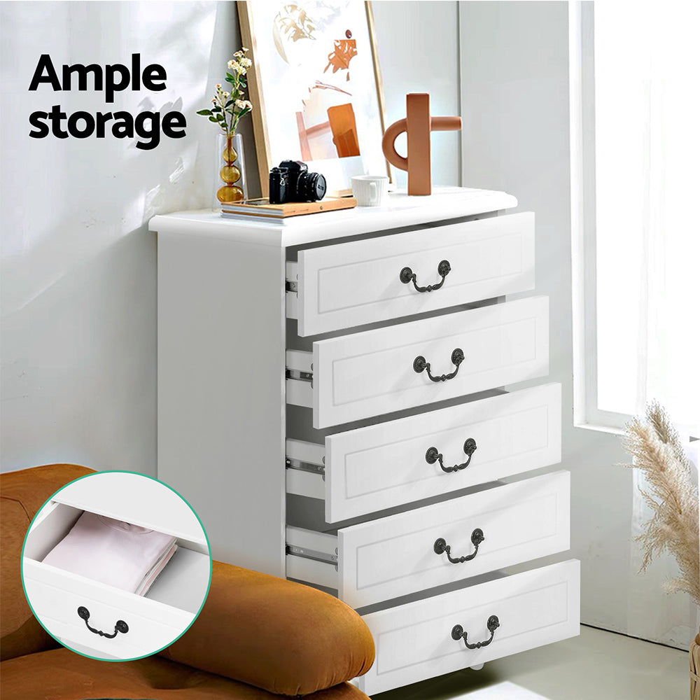KUBI Tallboy 5-Drawer Chest French Provincial White