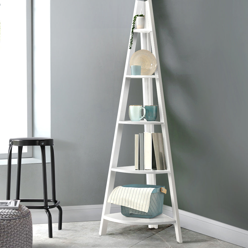 Cane 5 Tiers Corner Bookshelf Ladder Shelf White