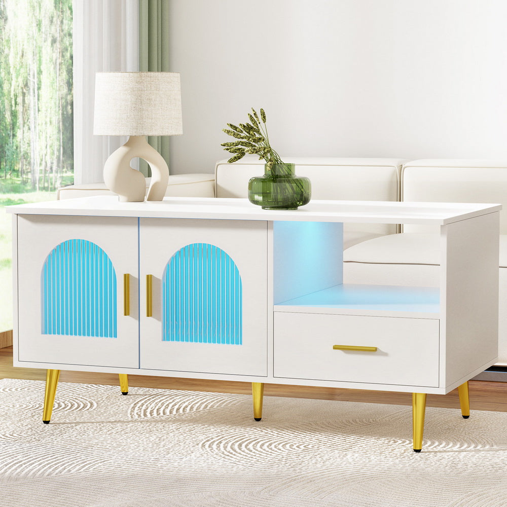 Artiss LED Coffee Table with Shelf and Drawer Storage White