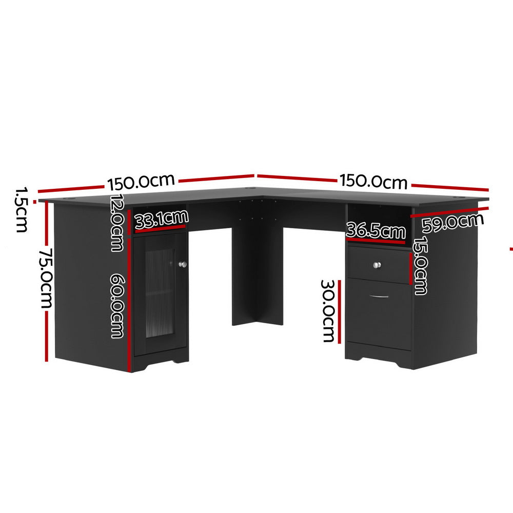 Artiss L-Shaped Computer Desk Black Corner Table with Storage