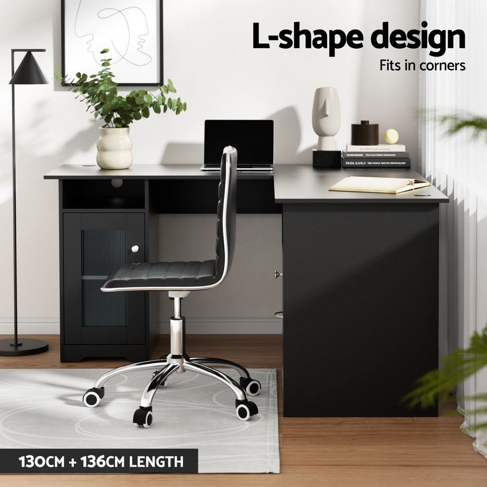 Artiss L-Shaped Computer Desk Black Corner Table with Storage