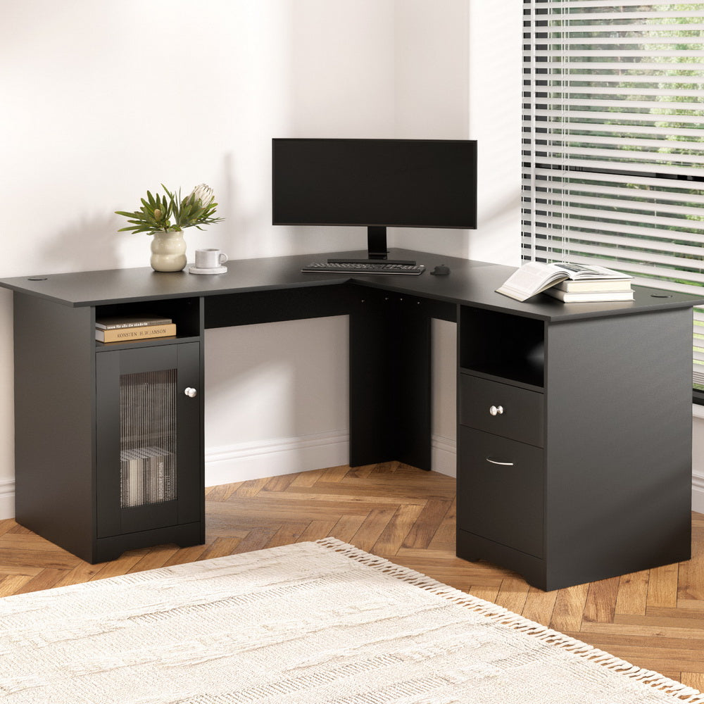 Artiss L-Shaped Computer Desk Black Corner Table with Storage