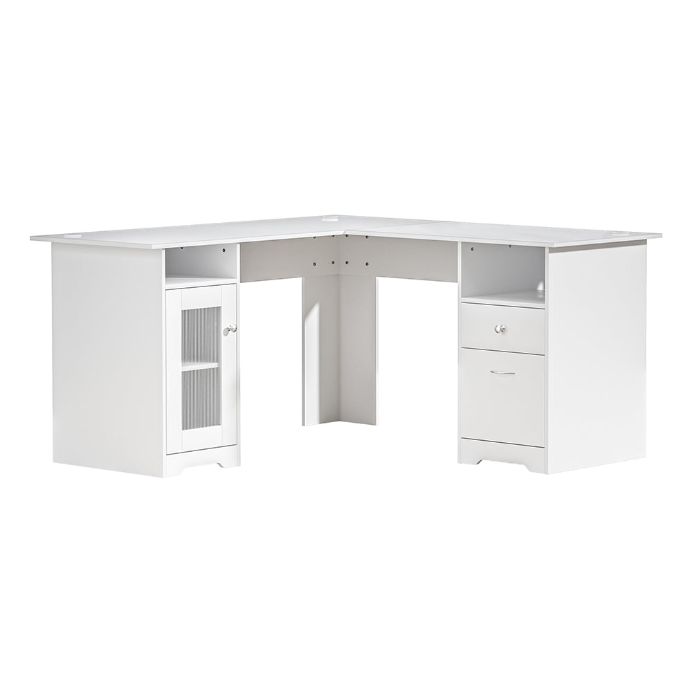 Artiss 150cm L-Shape Computer Desk White Shelves Cabinet