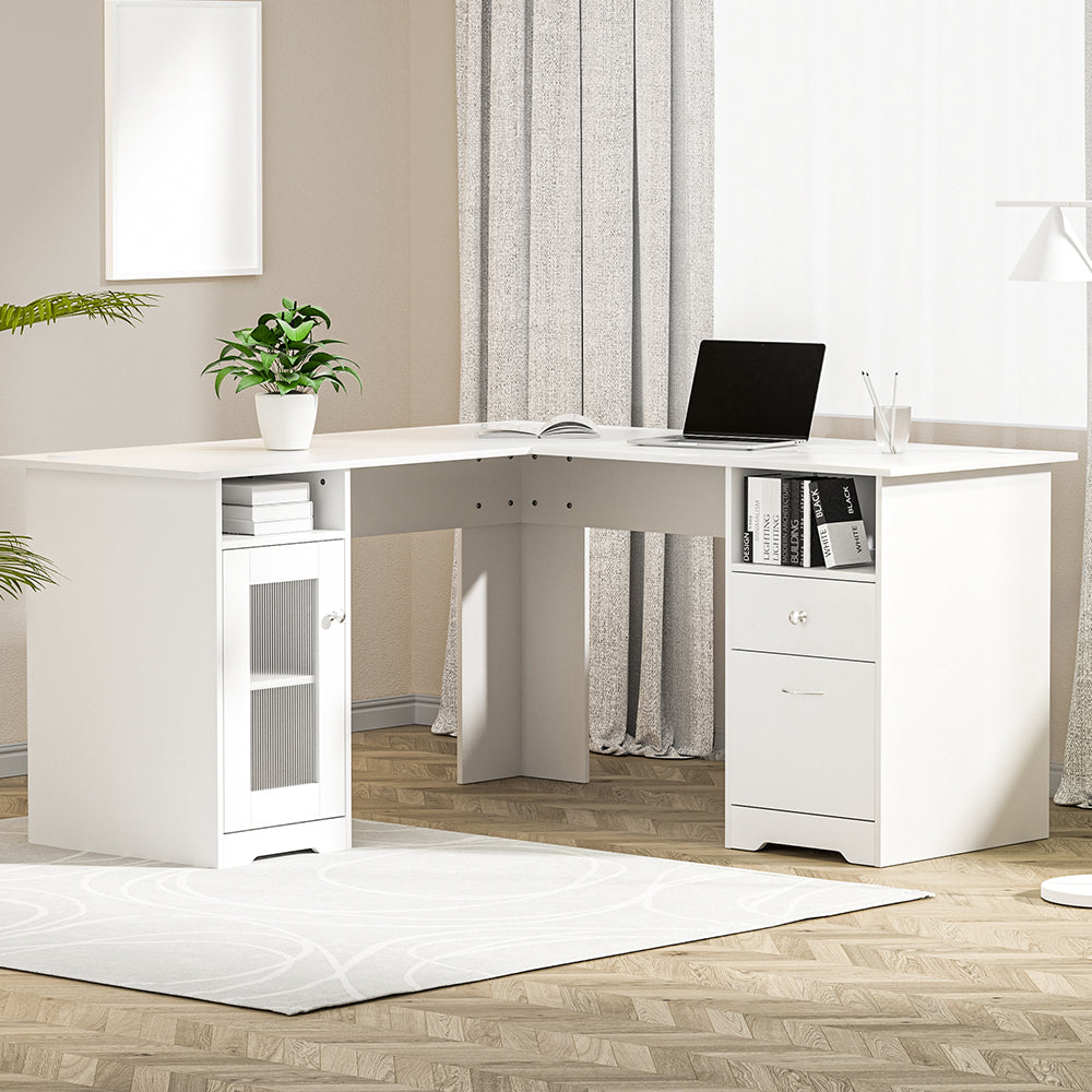 Artiss 150cm L-Shape Computer Desk White Shelves Cabinet