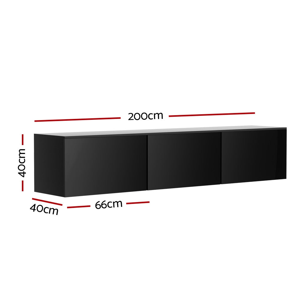 Hugo 200cm Floating TV Cabinet High Gloss Black 3 Cabinets