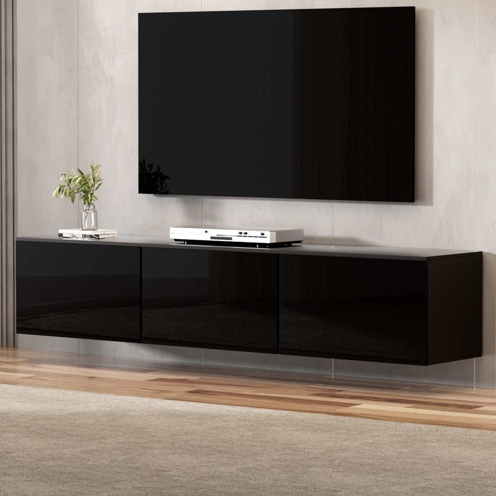 Hugo 200cm Floating TV Cabinet High Gloss Black 3 Cabinets