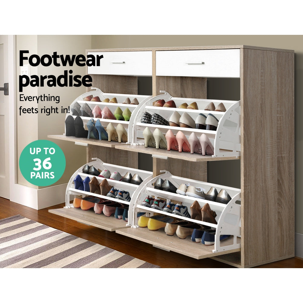 Sara 36-Pair Shoe Rack Cabinet Adjustable Shelves Pine White