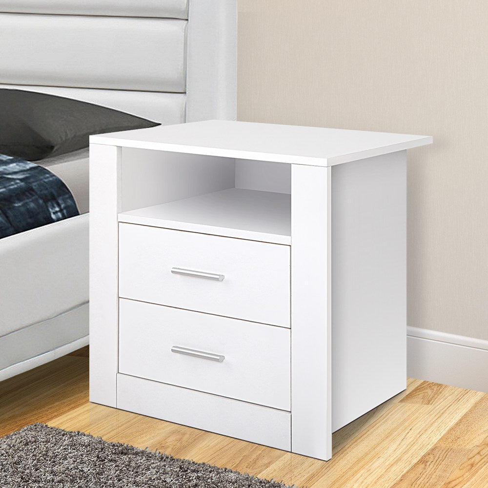 TARA White Bedside Table 2 Drawers Shelf