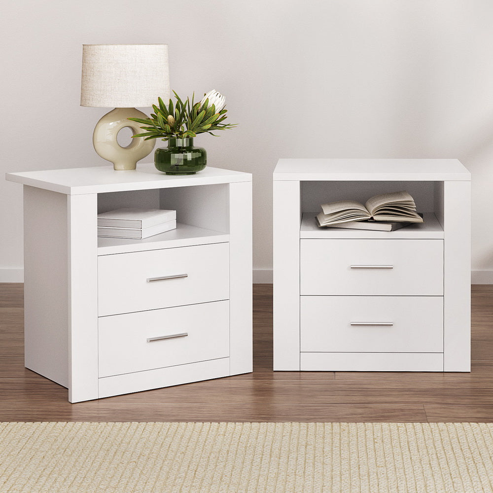 TARA White Bedside Tables Set of 2 with Drawers and Shelf