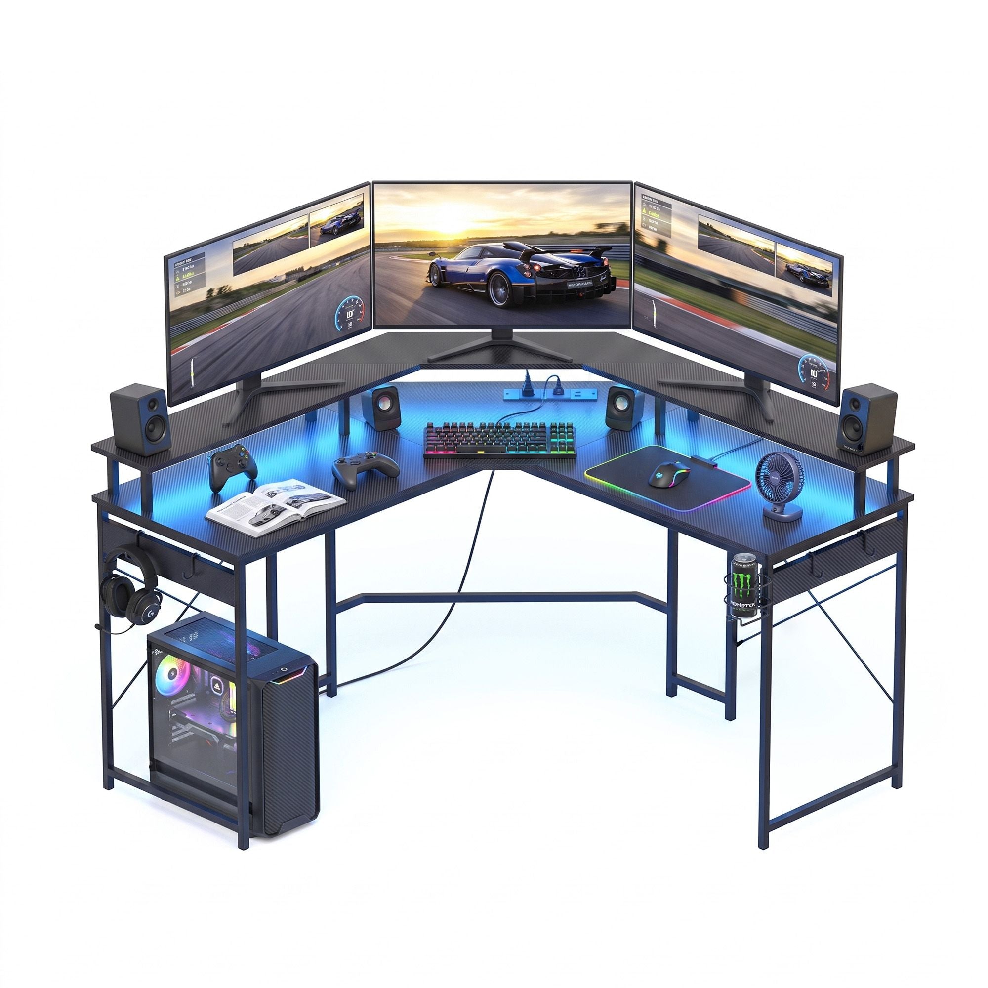 Artiss L-Shape Gaming Desk Computer Desks RGB LED Power Outlet 130cm Black