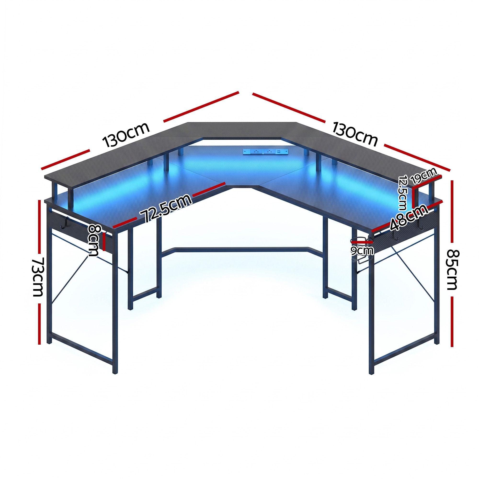 Artiss L-Shape Gaming Desk Computer Desks RGB LED Power Outlet 130cm Black