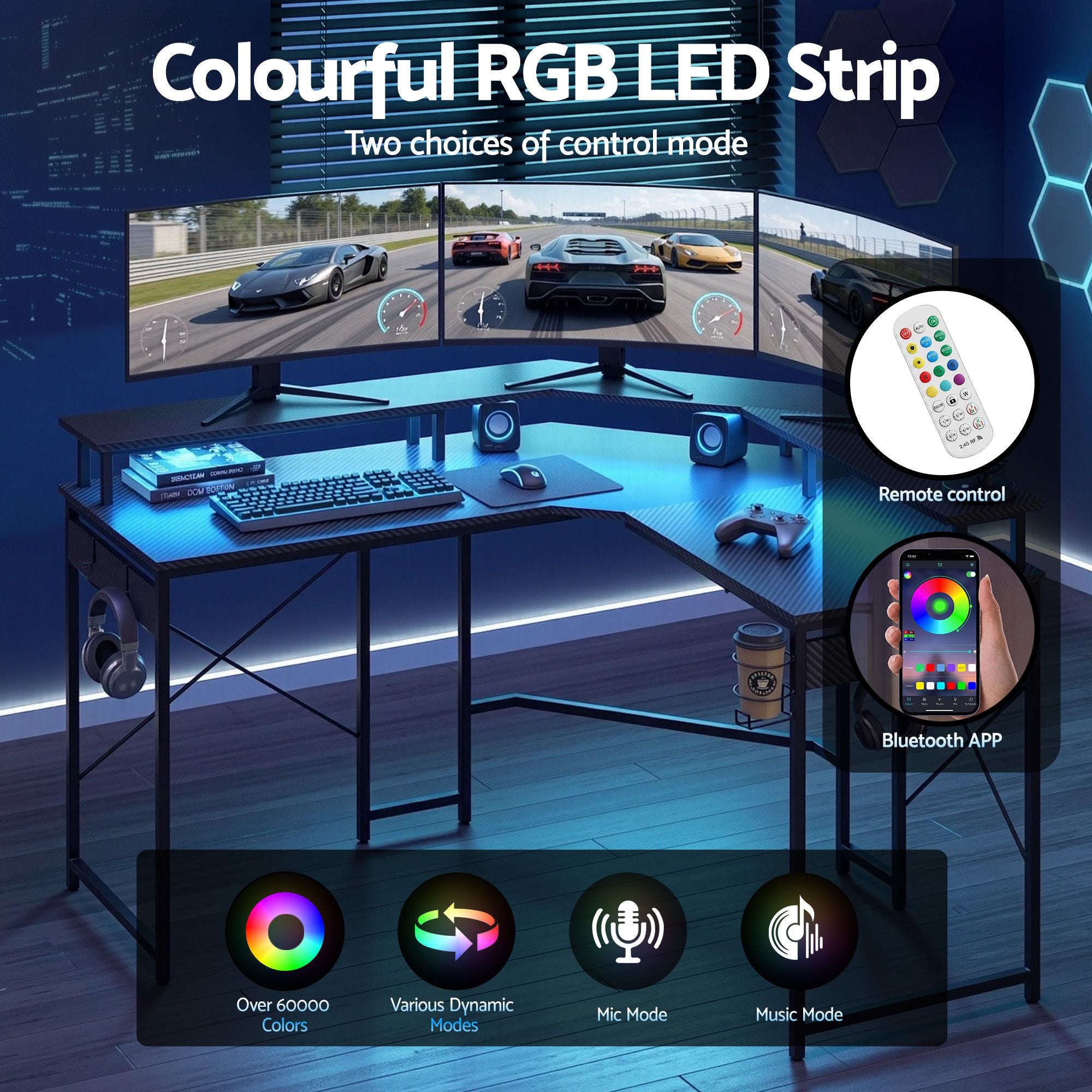 Artiss L-Shape Gaming Desk Computer Desks RGB LED Power Outlet 130cm Black