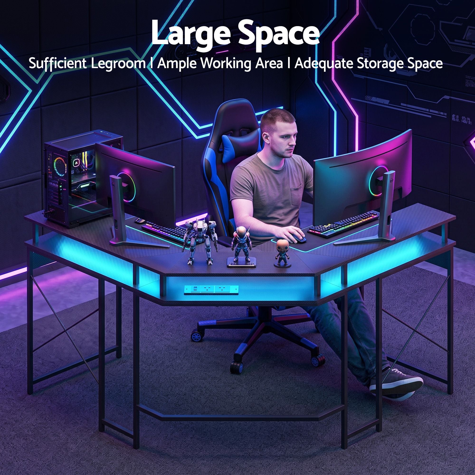 Artiss L-Shape Gaming Desk Computer Desks RGB LED Power Outlet 130cm Black
