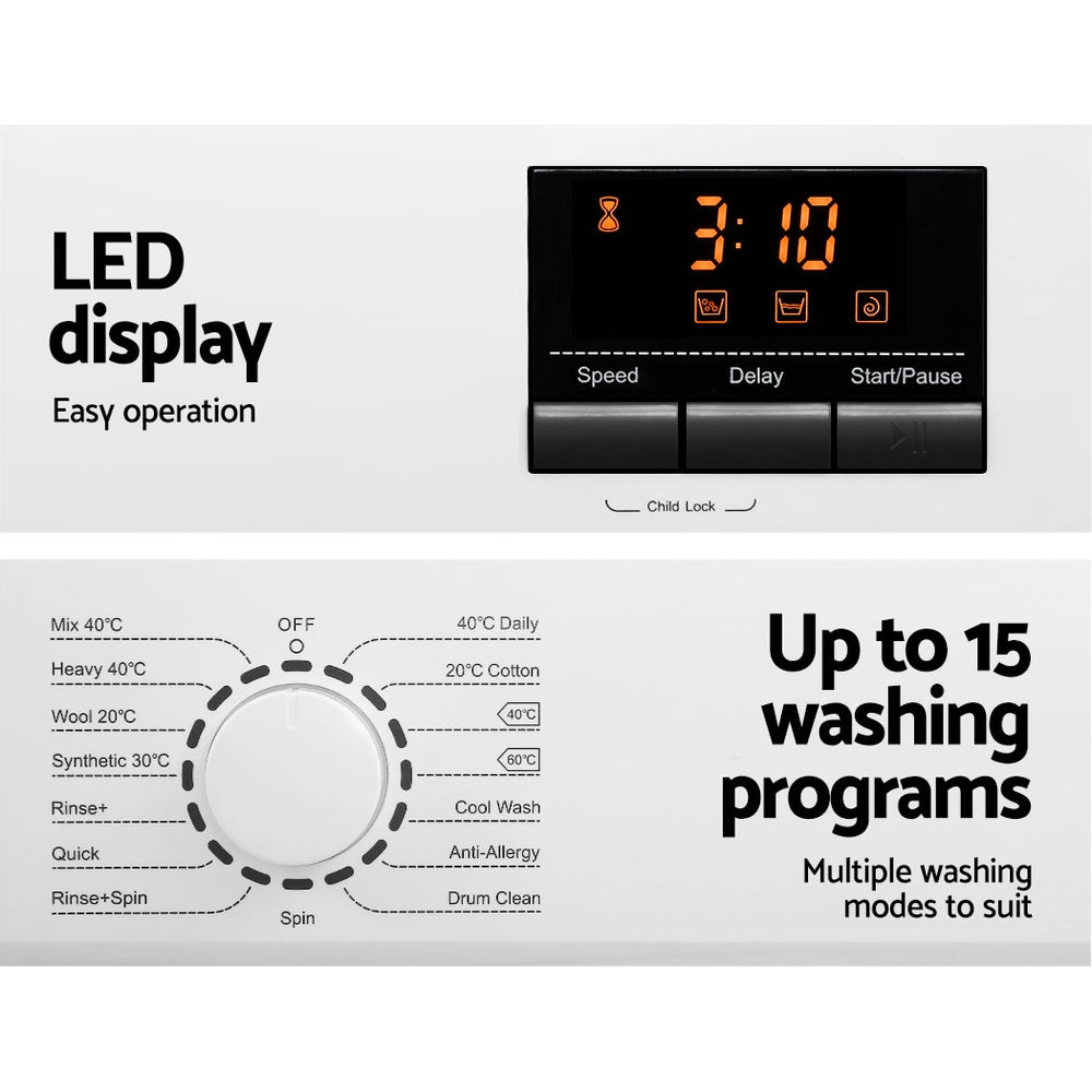Devanti 8kg Front Load Washing Machine Quick Wash 24h Delay White