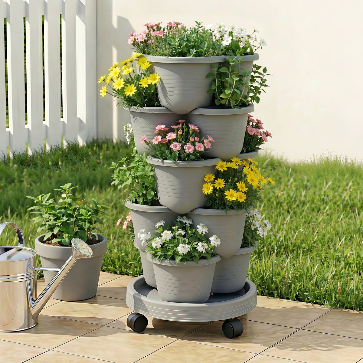 Green Fingers 5 Tier Vertical Garden Planter with 4 Wheels, Grey
