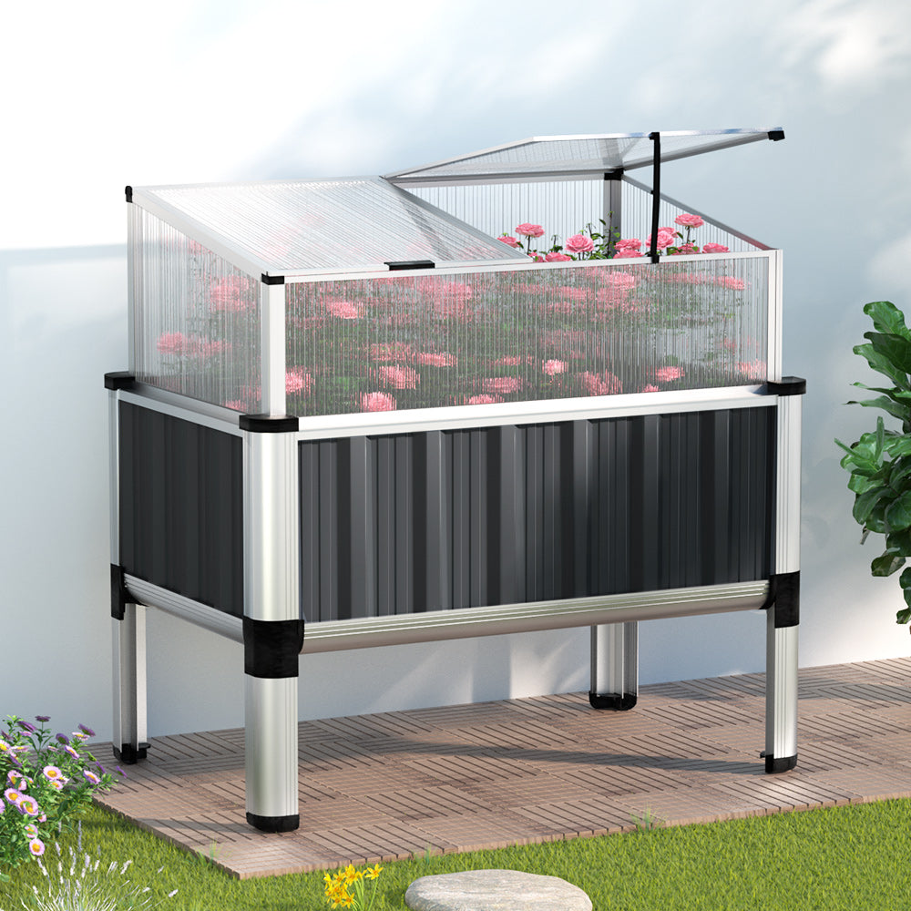 Greenfingers 80x49x74cm Raised Garden Bed Greenhouse Planter Aluminium Grey