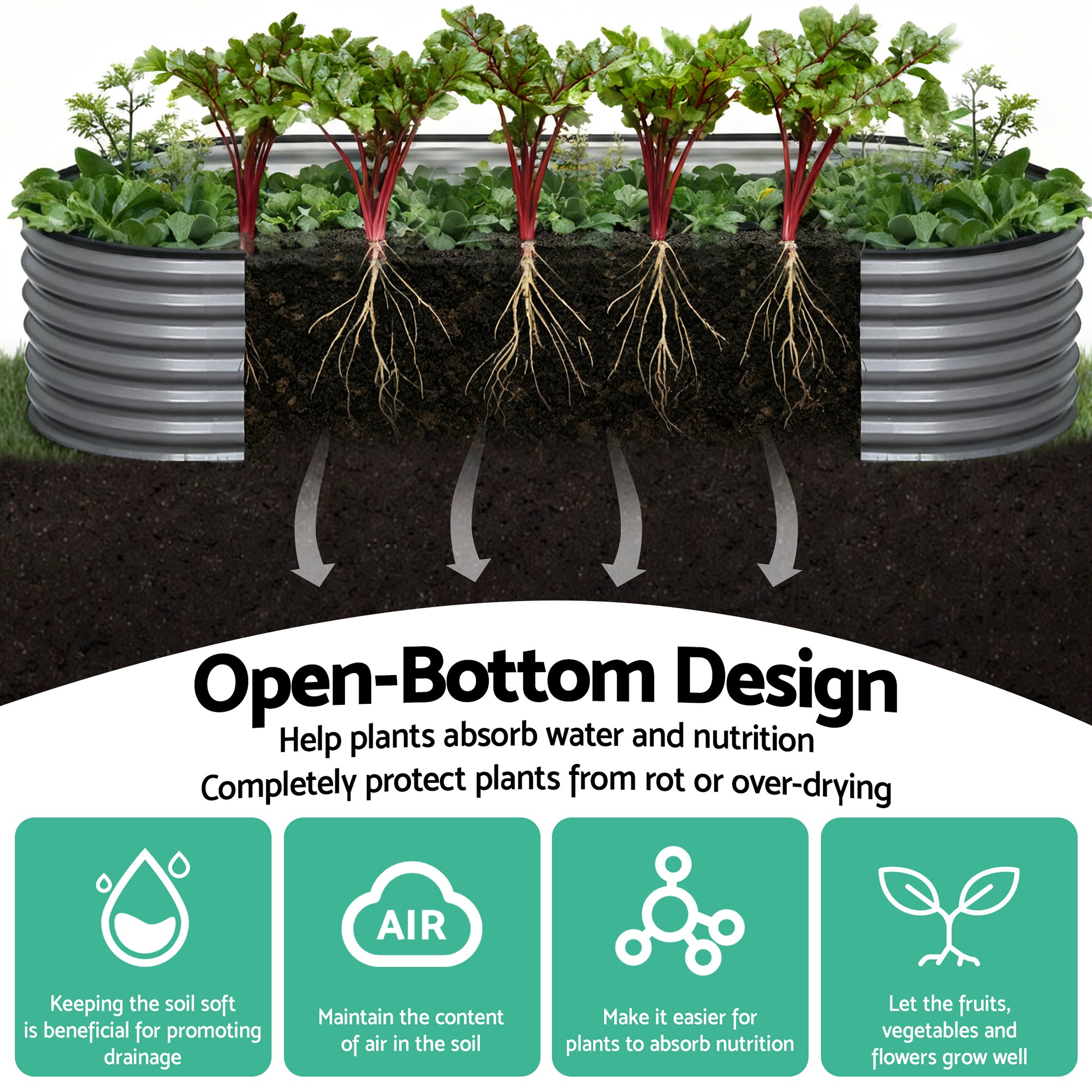 Green Fingers 4 Pcs Raised Garden Bed Kit Oval Galvanized Steel Planter Boxes 320x80x42cm, Heavy Duty Metal Elevated Garden Bed for Vegetables Flowers Herbs, with Safety Edging, Gloves & Pegs Included
