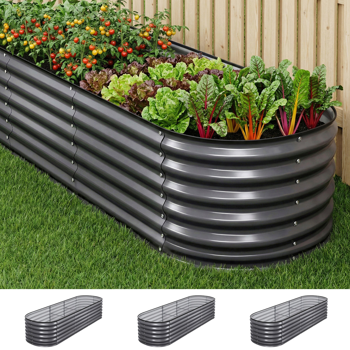 Green Fingers 3 Pcs Raised Garden Bed Kit Oval Galvanized 240x80x56cm