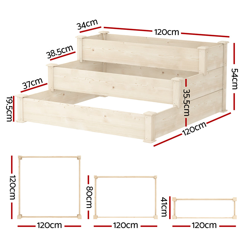 Green Fingers 3-Tier Wooden Raised Garden Bed Planter Box Natural Wood