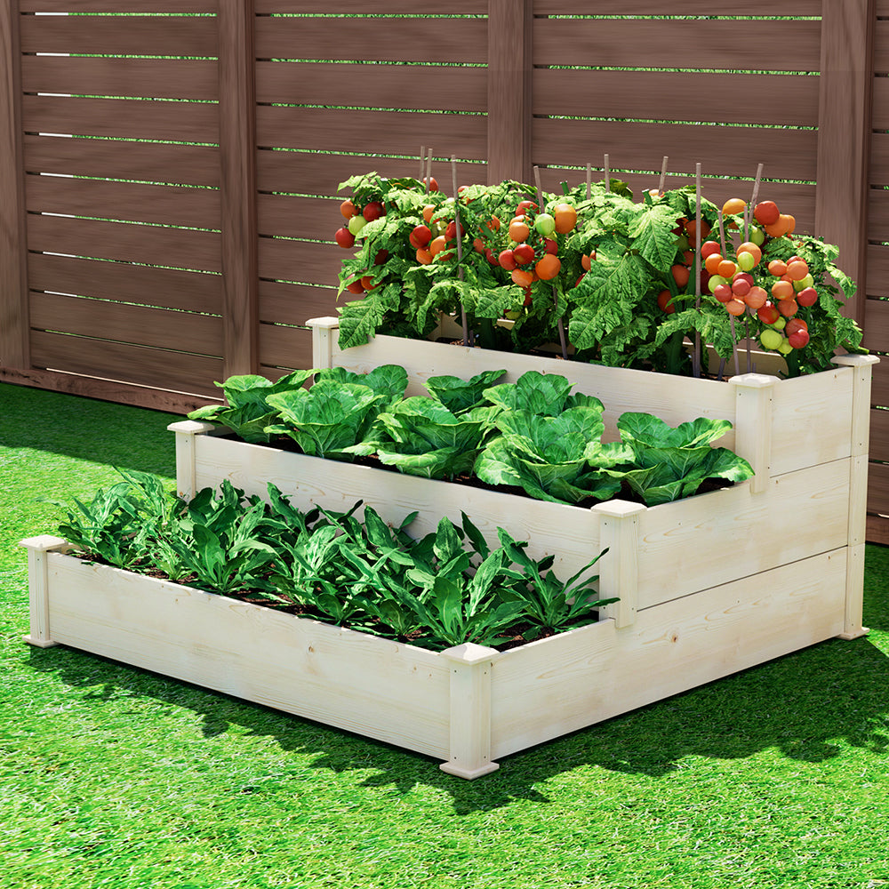 Green Fingers 3-Tier Wooden Raised Garden Bed Planter Box Natural Wood