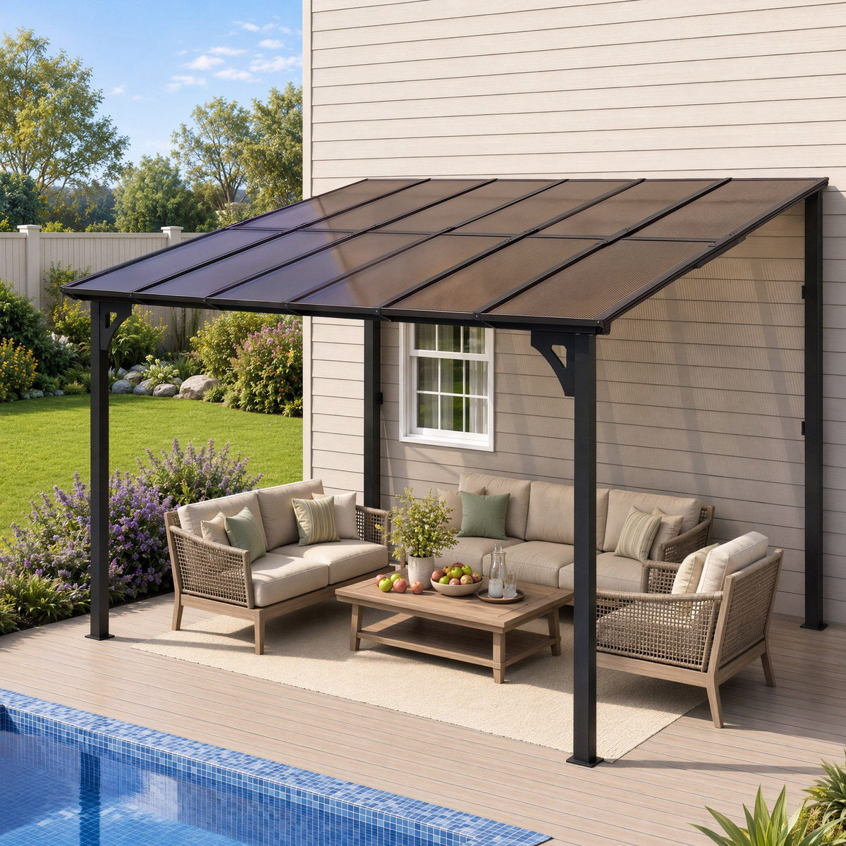 Instahut Lean-To Pergola Patio Cover Polycarbonate 356cm X 275cm Brown