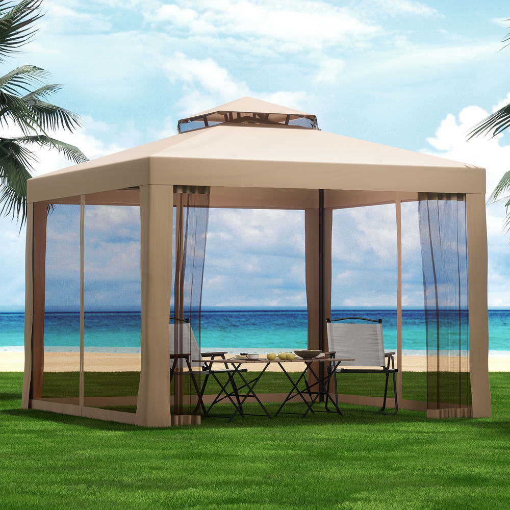 Instahut 3m Gazebo Marquee Outdoor Event Tent Mesh Wall Canopy Brown
