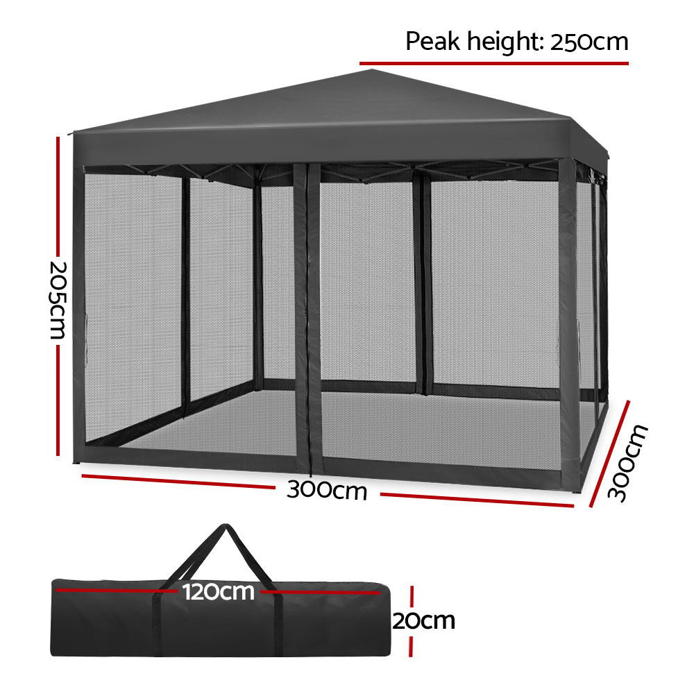 Instahut 3x3m Gazebo Pop-Up Marquee Wedding Party Tent Mesh Wall Grey