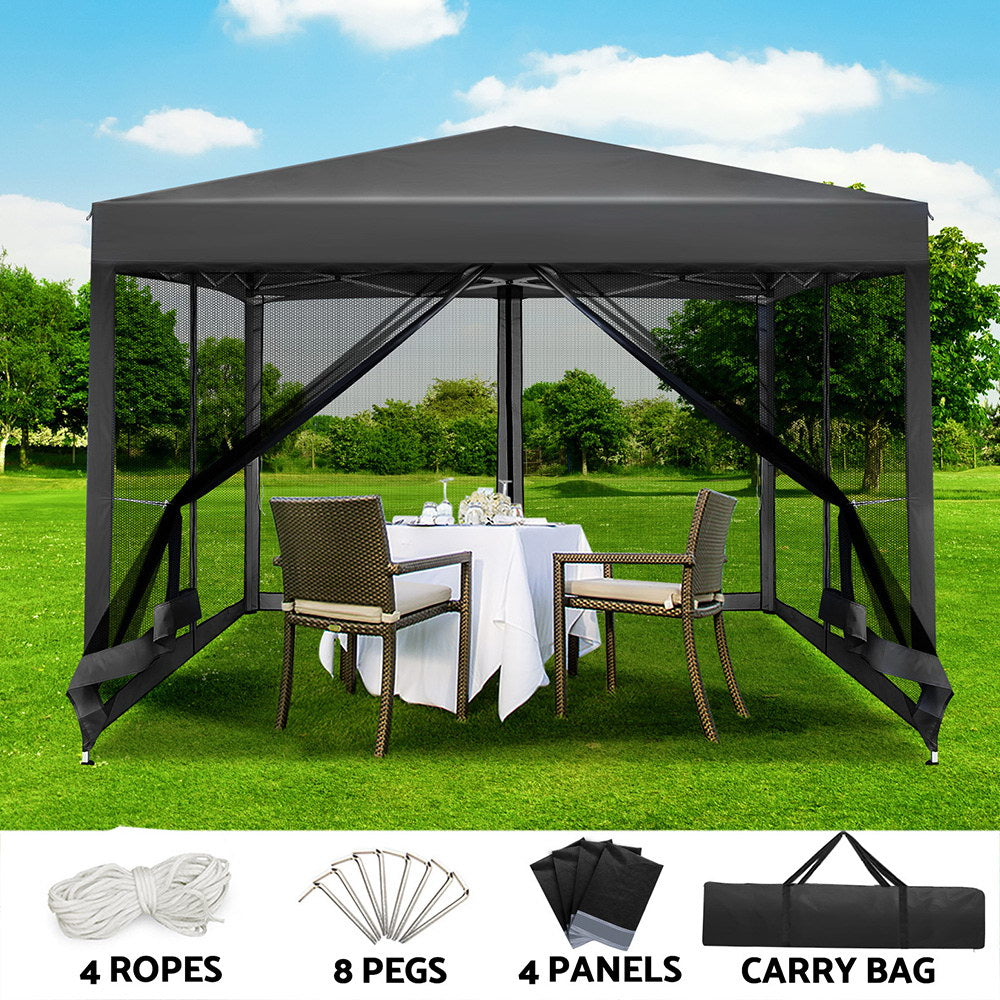 Instahut 3x3m Gazebo Pop-Up Marquee Wedding Party Tent Mesh Wall Grey