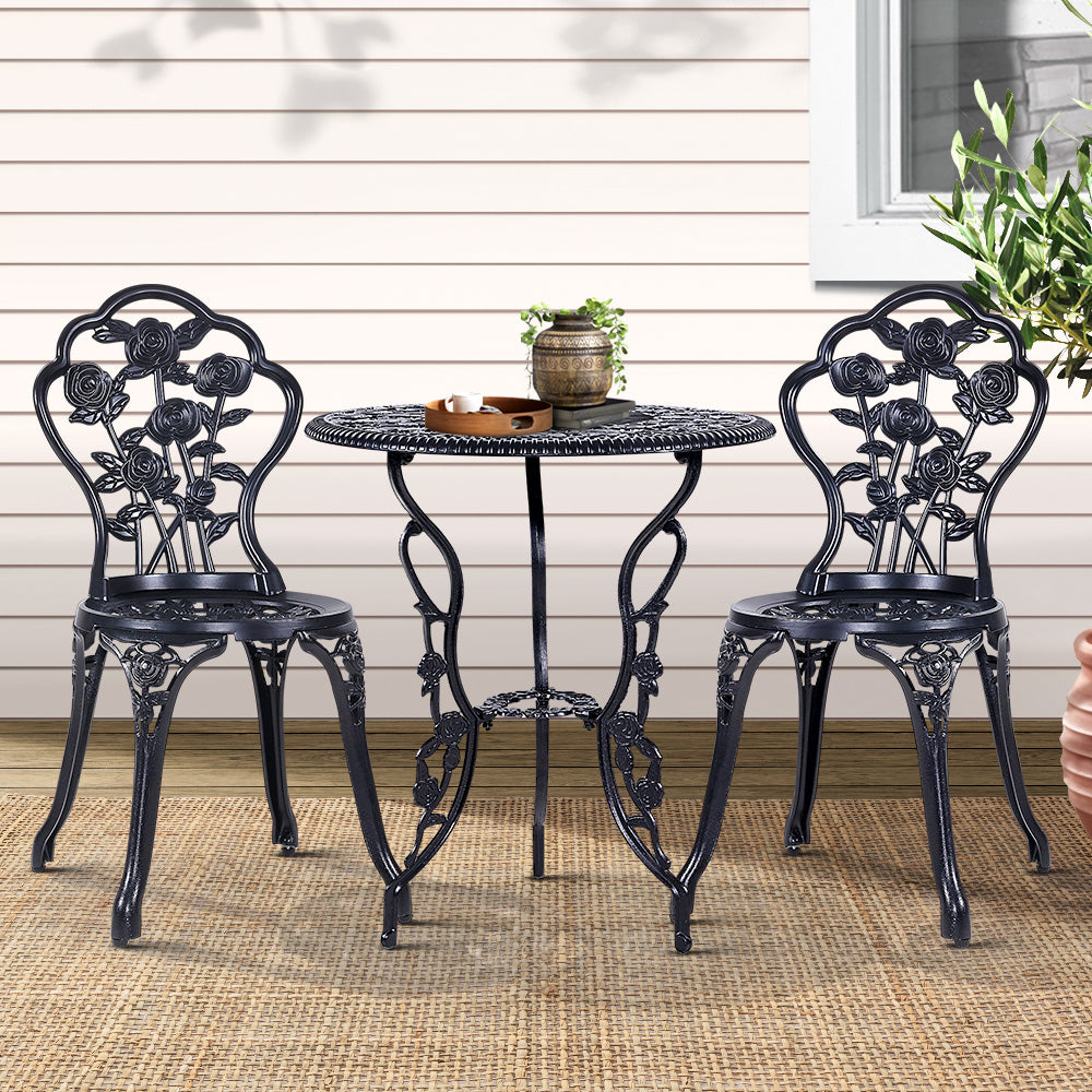 Gardeon 3PC Outdoor Bistro Set Cast Aluminium Rose Black