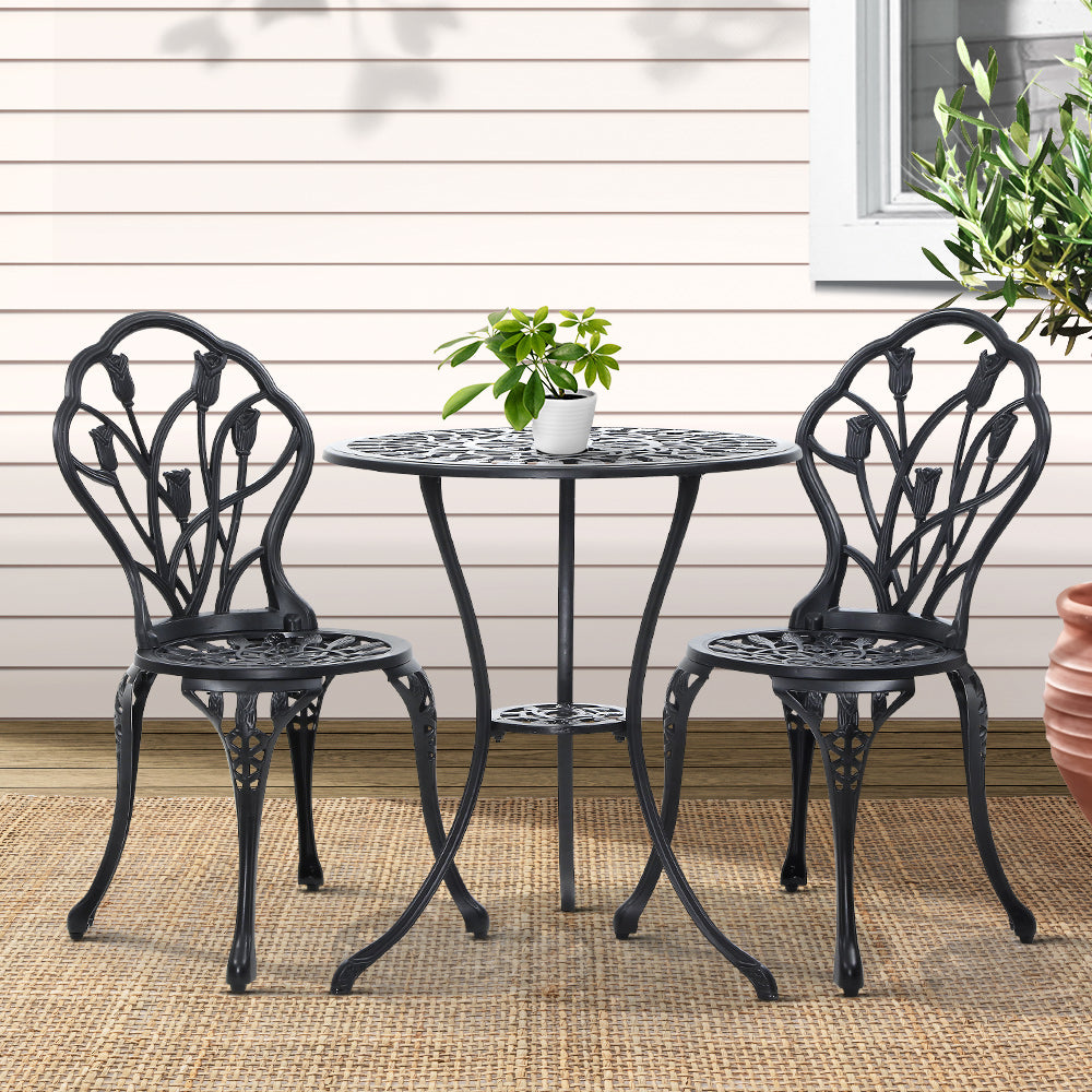 Gardeon 3PC Outdoor Bistro Set Cast Aluminium Patio Furniture Black