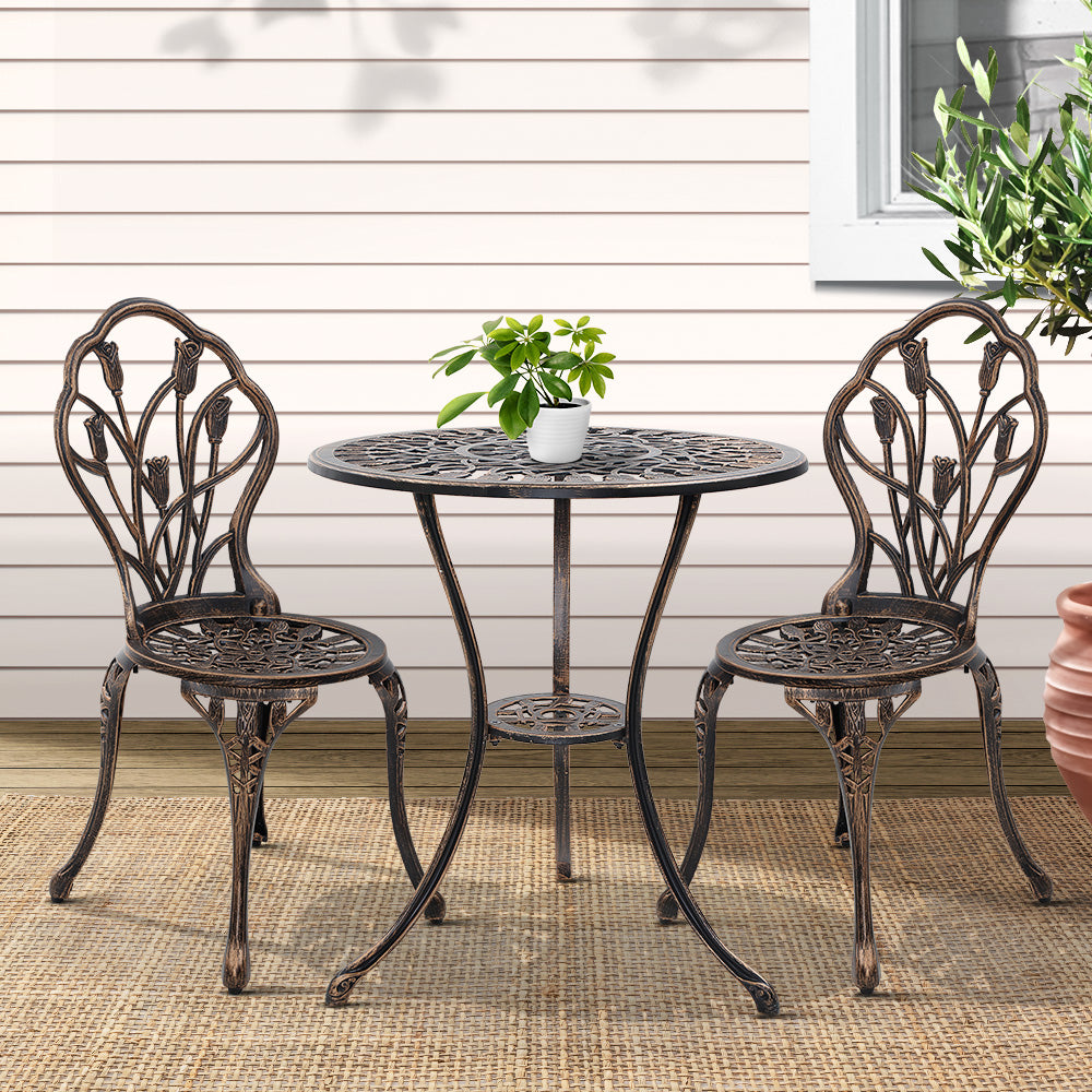 Gardeon 3PC Bistro Set Cast Aluminium Chairs Table Bronze